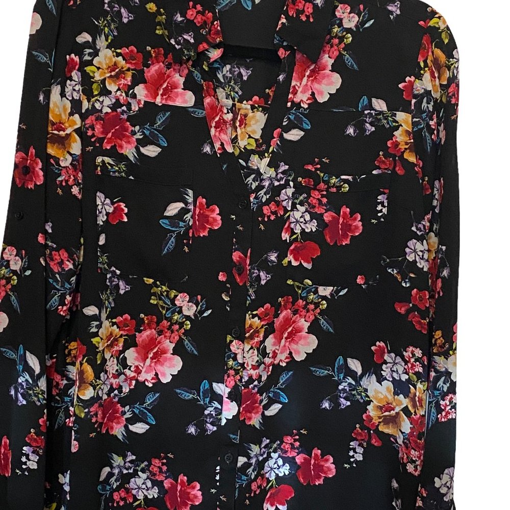 Pre-owned Express Black Floral Print Portofino Slim Fit  Blouse Size L